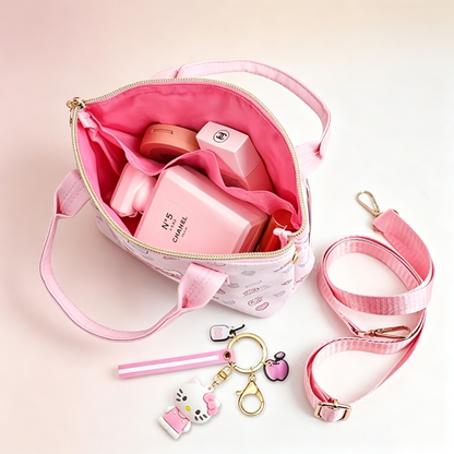 Cute Girls Crossbody Tote Bag with Cartoon Doll Keychain, Kids Adjustable Shoulder Handbag